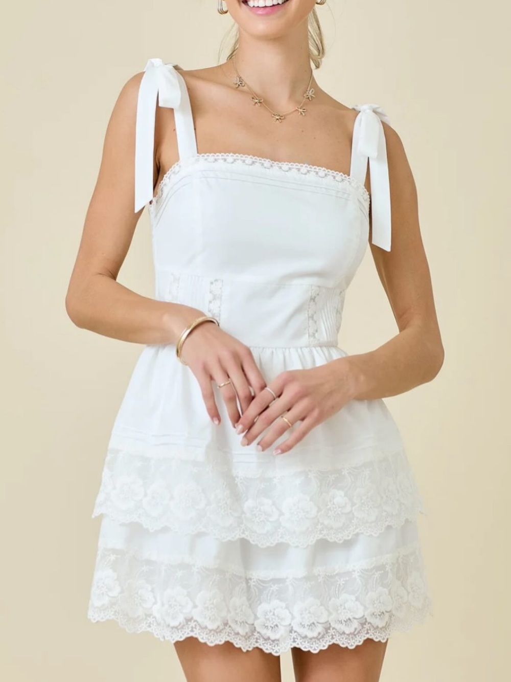 White Mini Floral Lace Bow Tie Straps Graduation Bridal Dress - Size Small